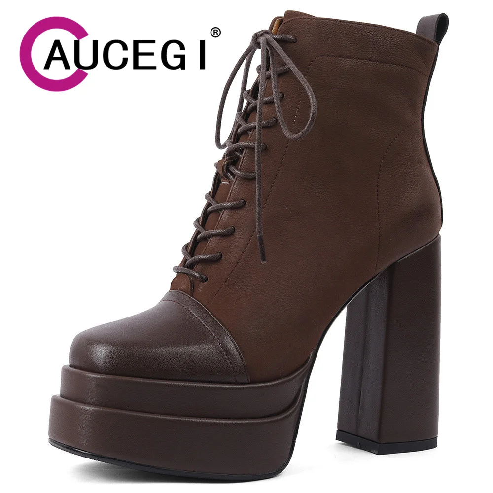 

Aucegi Women Autumn Winter Platform Lace-up Ankle Boots Square Toe Metal Zipper Chunky High Heel Commuter Handmade Shoes