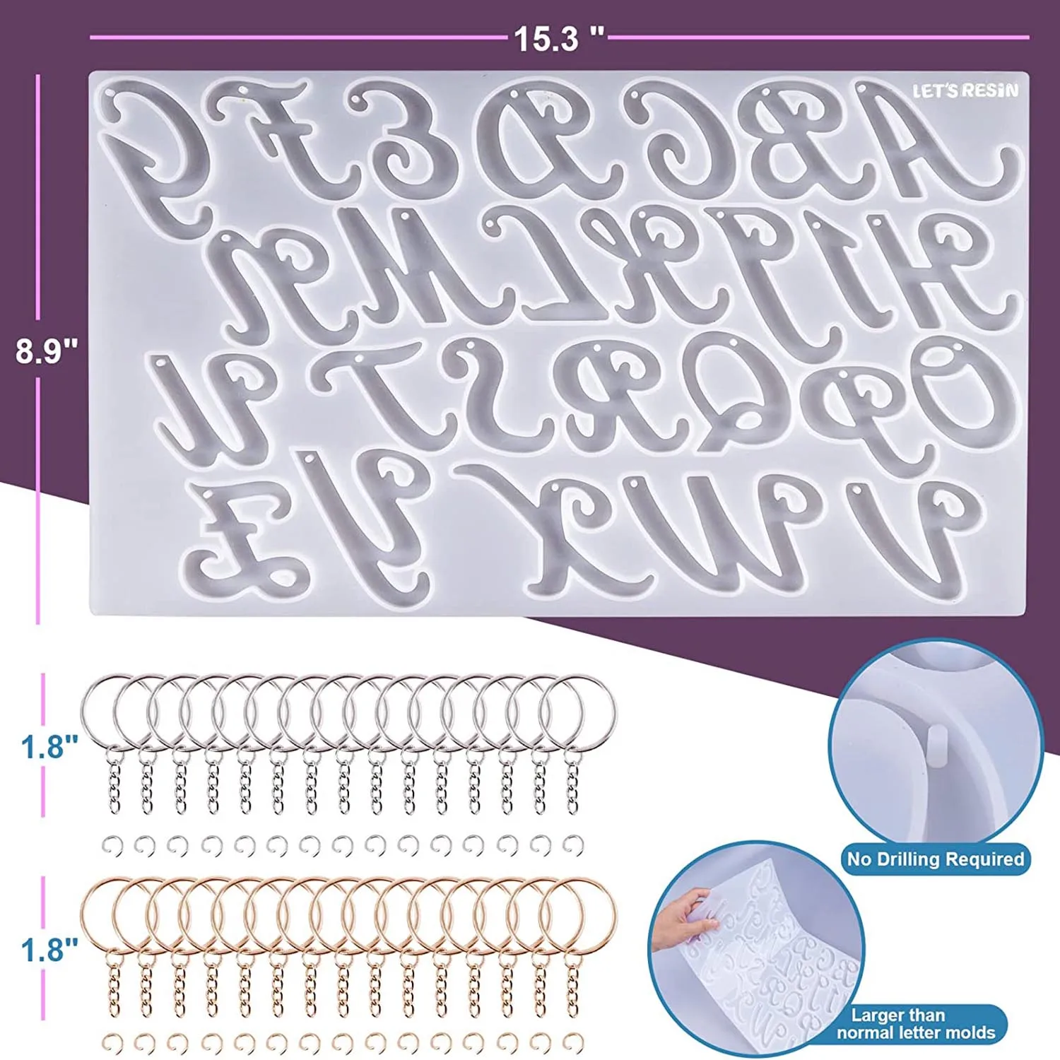 Letter Mould for Resin, Reverse Resin Key Chain Letter Mould with Holes, with 30 Jump Rings, 30 Key Rings (15.3X8.9Inch)