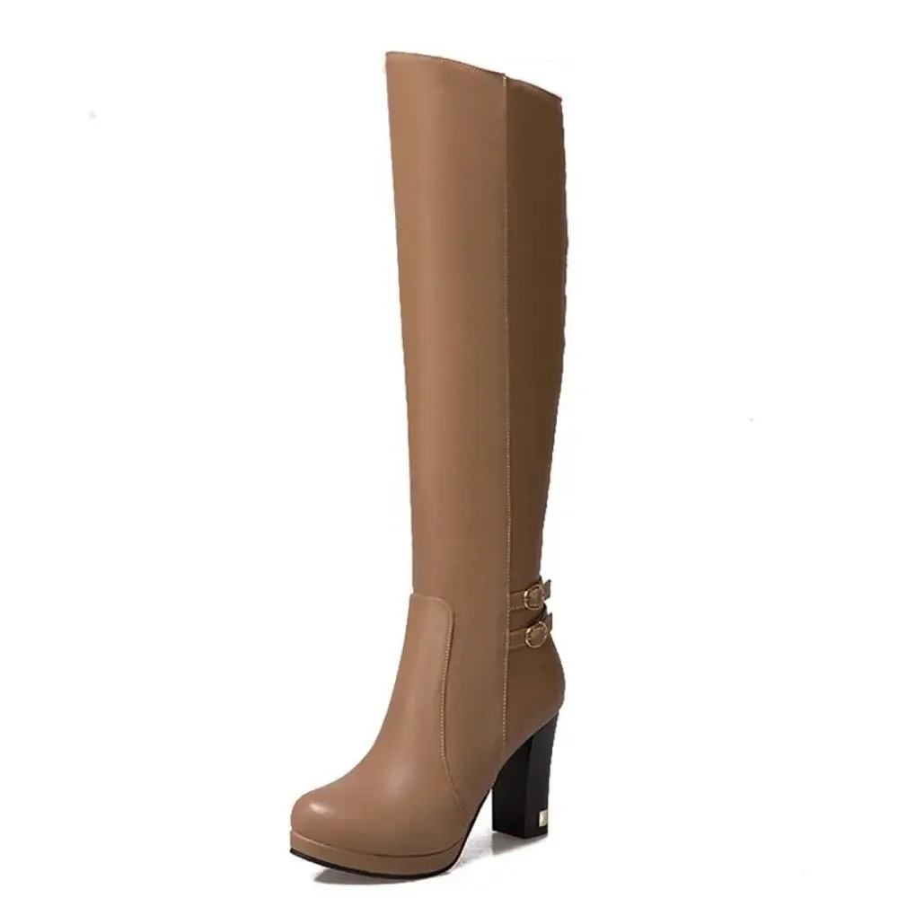 QPLYXCO  Women\'s Knee High Boots Big Size 34-43 Winter Style Warm Block High Heels Inner Zipper  Party Dress Platform Boots 3332