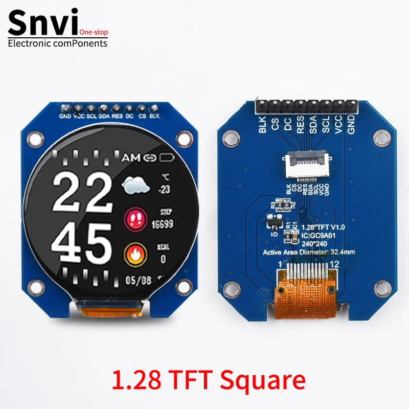 Snvi 1,28 Zoll TFT LCD Display Modul IPS Rund Quadratisch 240x240 SPI GC9A01 Farbbildschirm Kompatibel mit Arduino ESP32 für DIY
