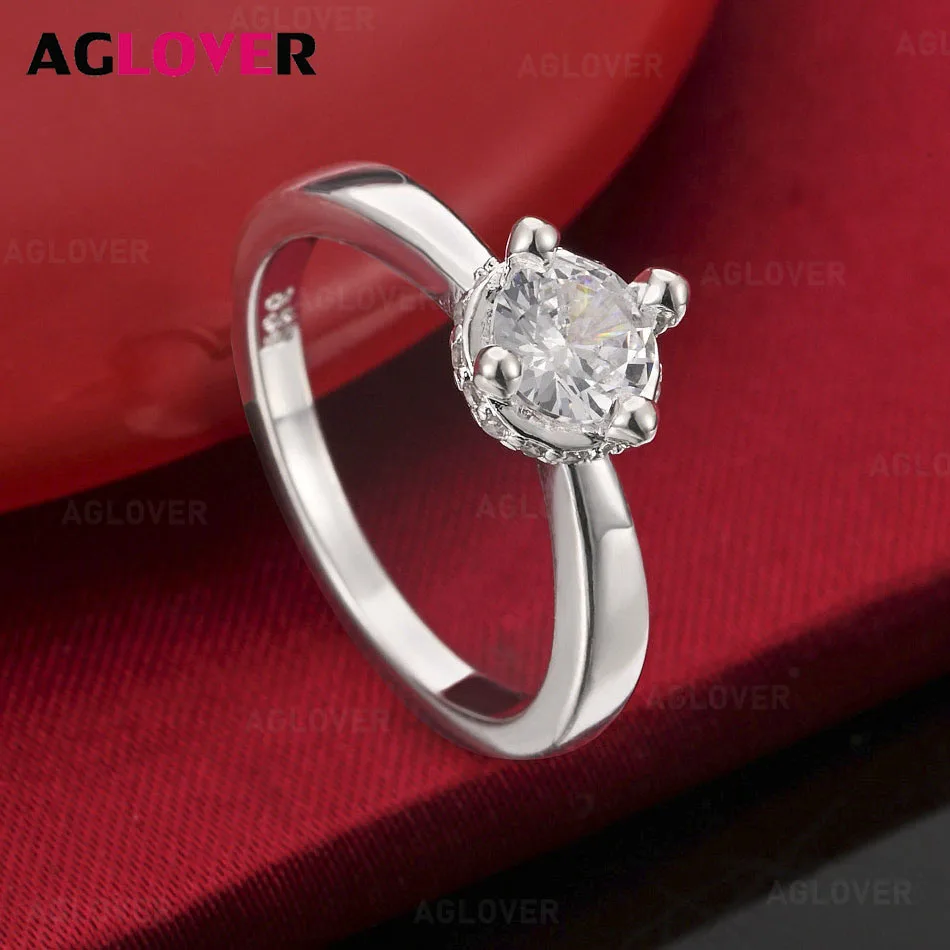 

AGLOVER 925 Sterling Silver Round Zircon Ring Women's Exquisite Cute Wedding Engagement Party Jewelry