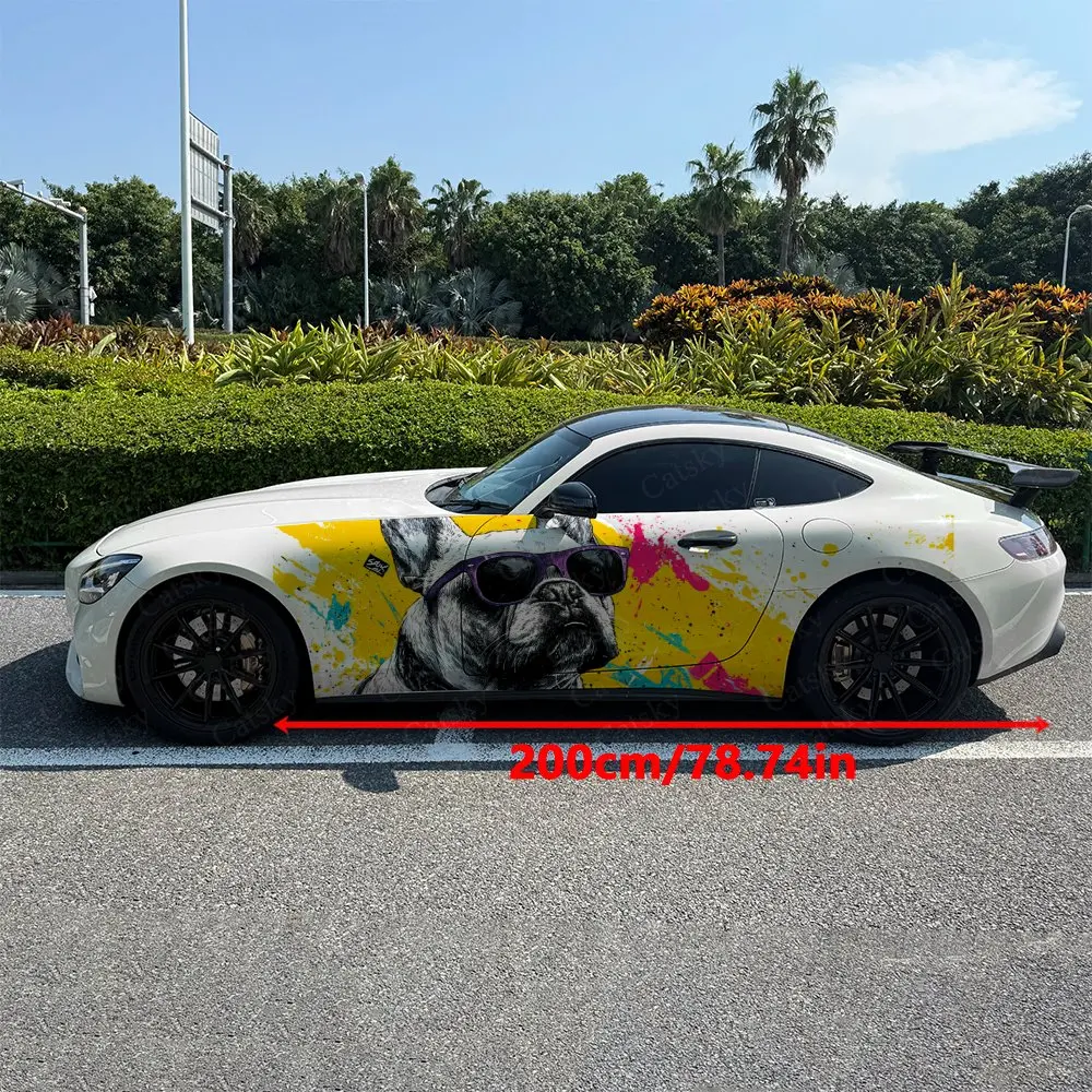 2pcs Color Splatter French Bulldog Car Side Wraps, Self-Adhesive PVC Waterproof & Scratch-Resistant Stickers, Car Accessory Gift