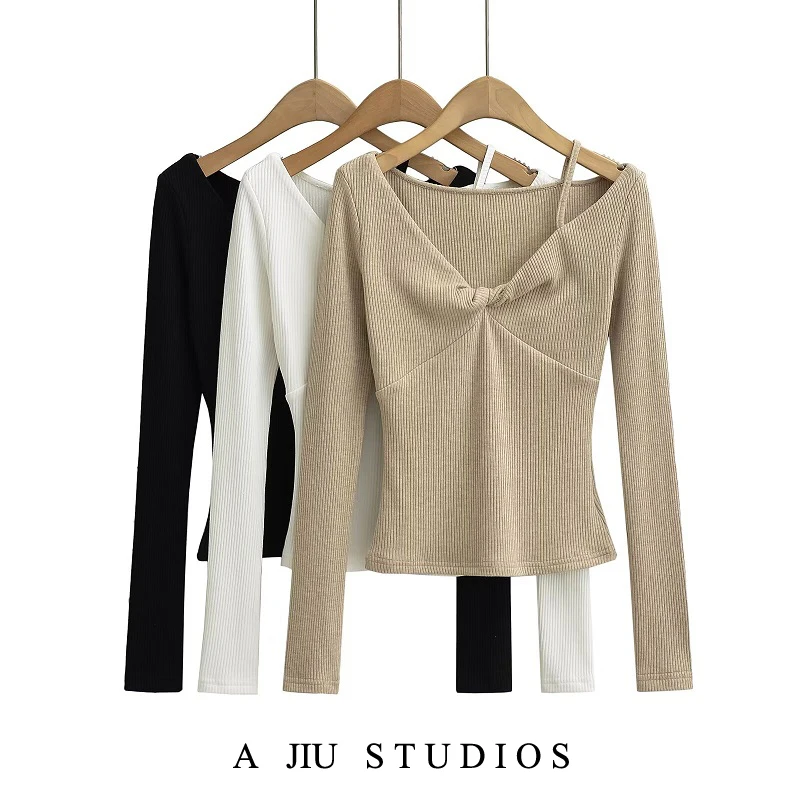 Slim Fit V-Ne Gestrickte Basis irt Damen Lange Sve T-shirt Street Sle Low Cut Twist Knoten Taille Abnehmen ort Länge