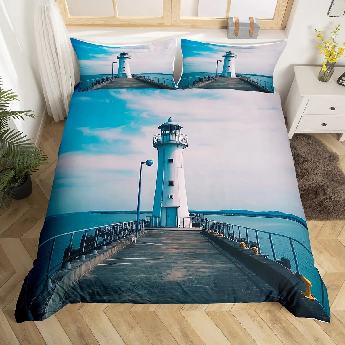 Lighthouse Bedding King Kids Teens Ocean Sunset Landscape Duvet Cover Islands Coastal Comforter Cover with And 2 Pillow Shams