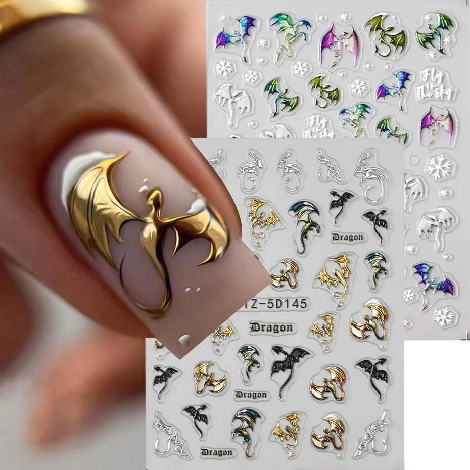 1/2pcs 5D Embossed Metallic Colorful Dragon Nail Stickers Snowflakes Self-Adhesive DIY Nail Decals Sliders Manicure Decorations