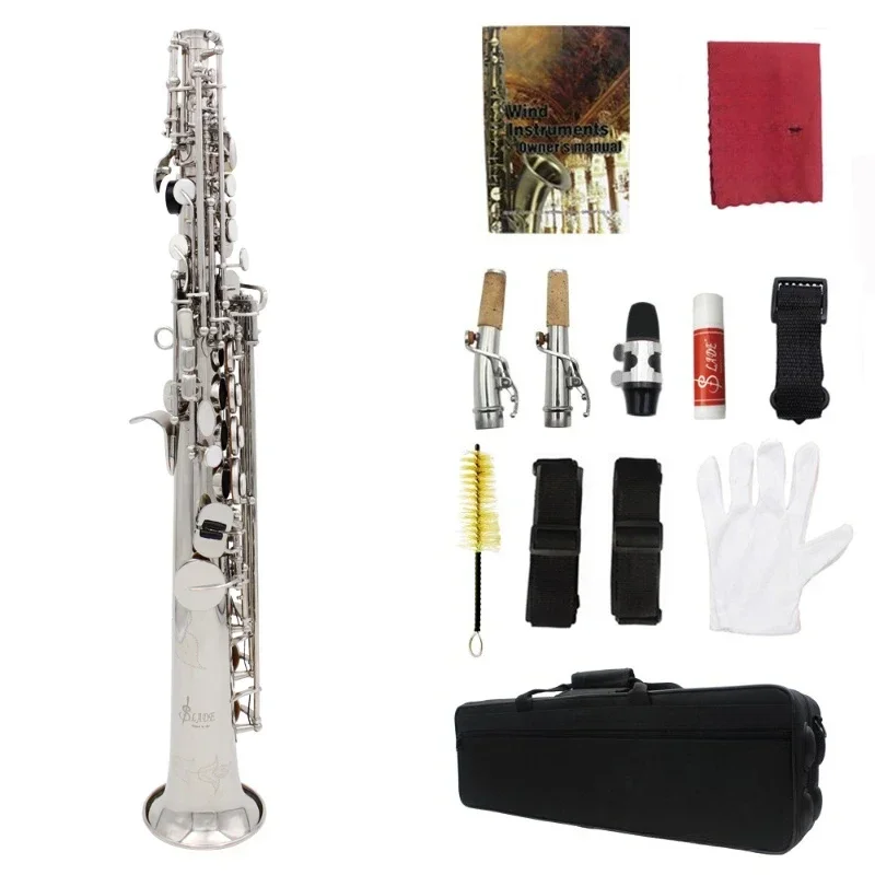Treble saxophone straight pipe flat B key carved white shell brass body professional performance