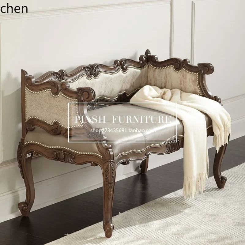 ZML Solid Wood Carved Bed End Stool Neoclassical Shoe Changing Stool Antique Style Leisure Sofa Bench