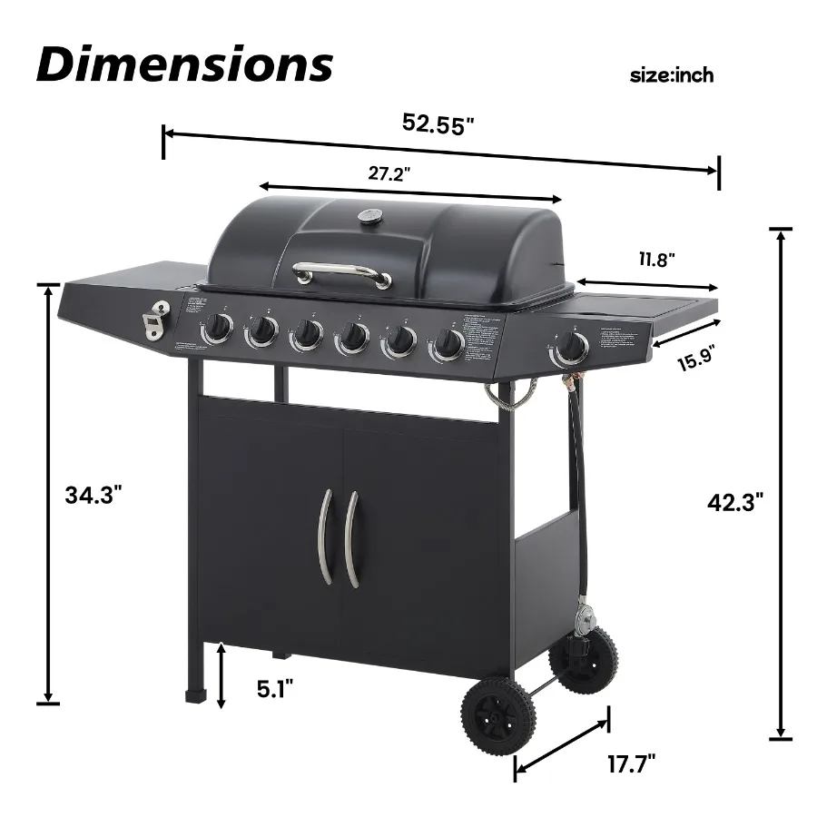 6 Burner BBQ Propane Gas Grill with Side Burner 59000 BTU Output Stainless Steel Barbecue Grill with Enamel-Coated Grates and S