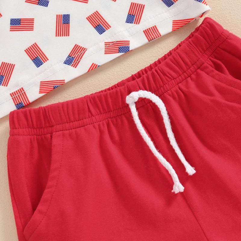 Boys Patriotic Outfit Short Sleeve American Flag Print Shirt with Elastic Waist Shorts Set for Independence Day