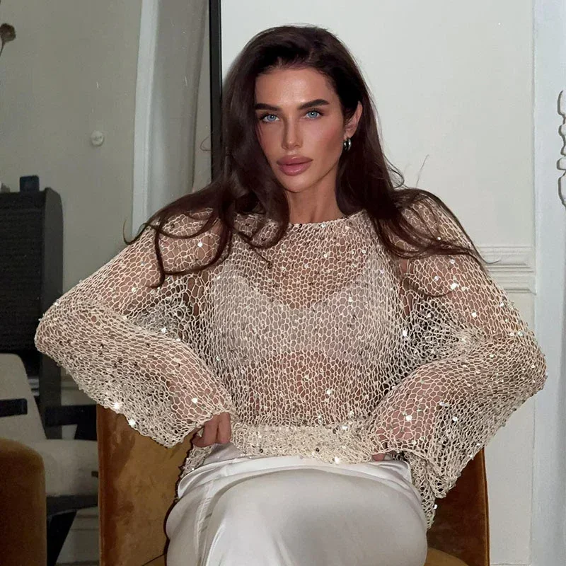 

Fashion Sequins Hollow Out Pullover Women Loose O-neck Long Sleeve Sweater 2025 Spring New Lady Knit Shiny Shirt Tops Streetwear