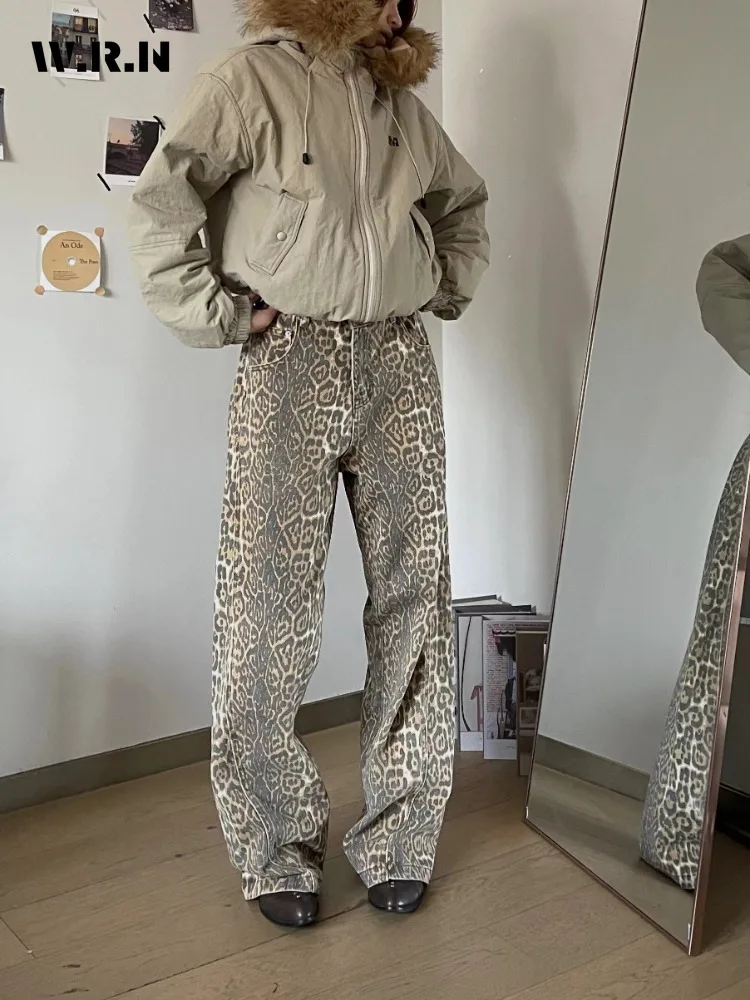 Vintage Leopard Print Jeans Women High Waisted Streetwear Casual Wide Leg Denim Pants Straight Full Length Baggy leopardo Jeans