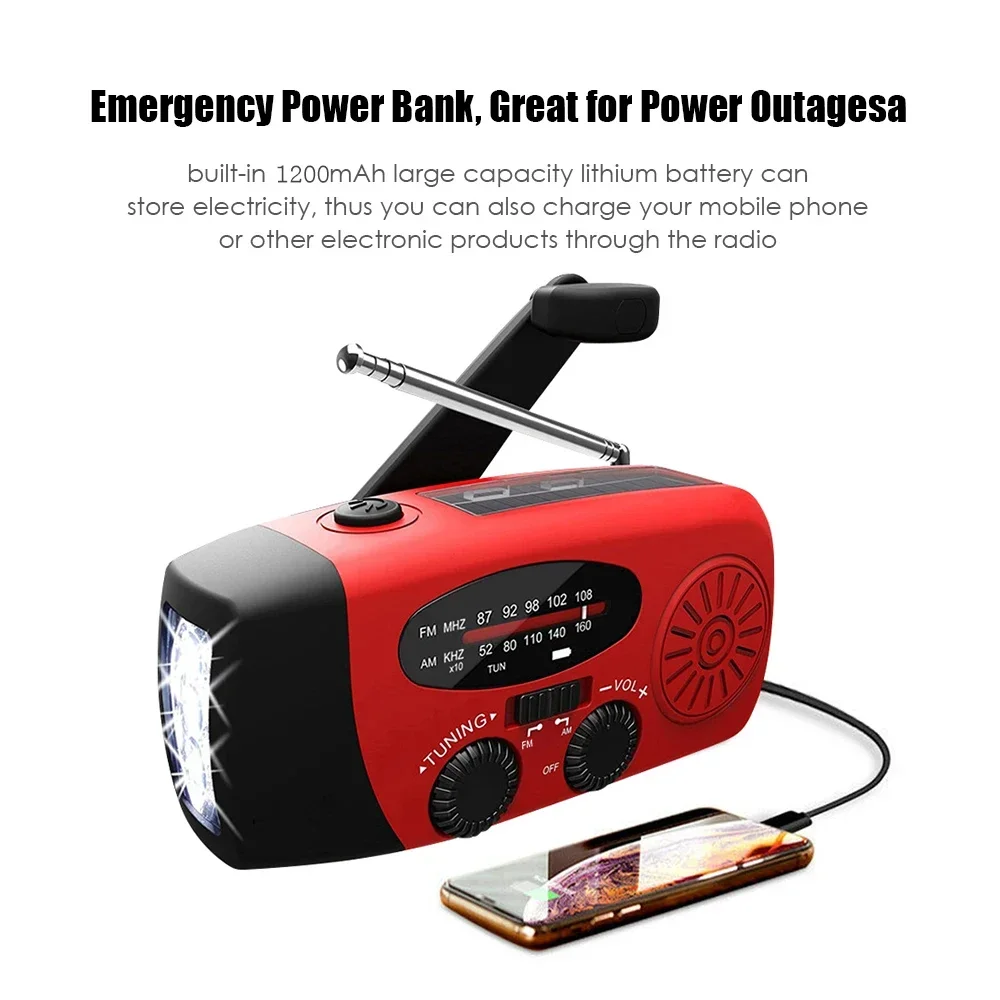 Hand Crank Solar Weather Radio 1200mAh AM/FM/NOAA Emergency Weather Radio Portable Power Bank with Solar Charging Battery Operat