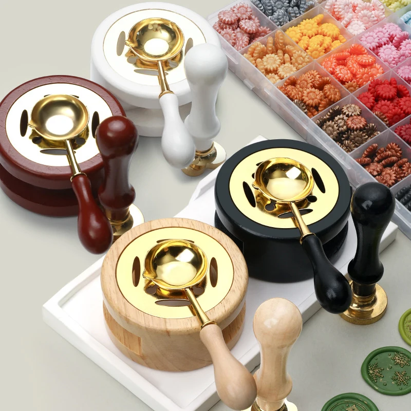 

3PCS Wax Seal Stamp Set Lacquer Furnace Solid Wood Stove Fire Paint Seal Supplies Wax Spoon Sealing Wax Melting Pot Craft