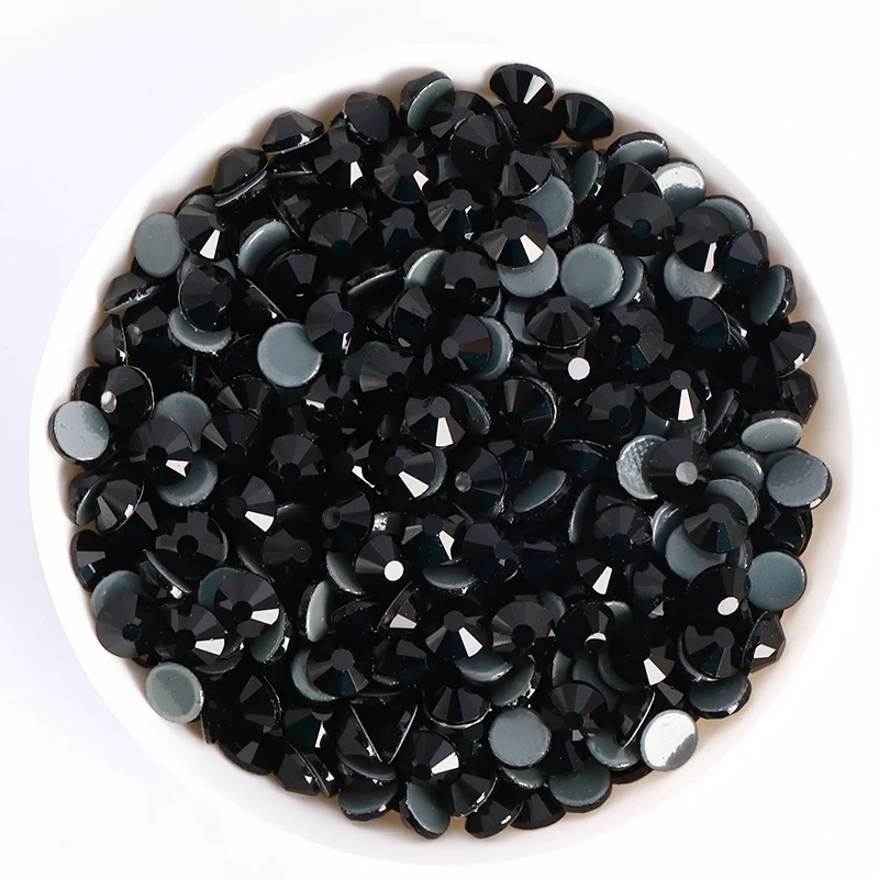 Black Glass Flatback Rhinestones Mix Size Glitter Round Glue On Diamond Non Hotfix Rhinestone for Nail Art Clothes Decoration