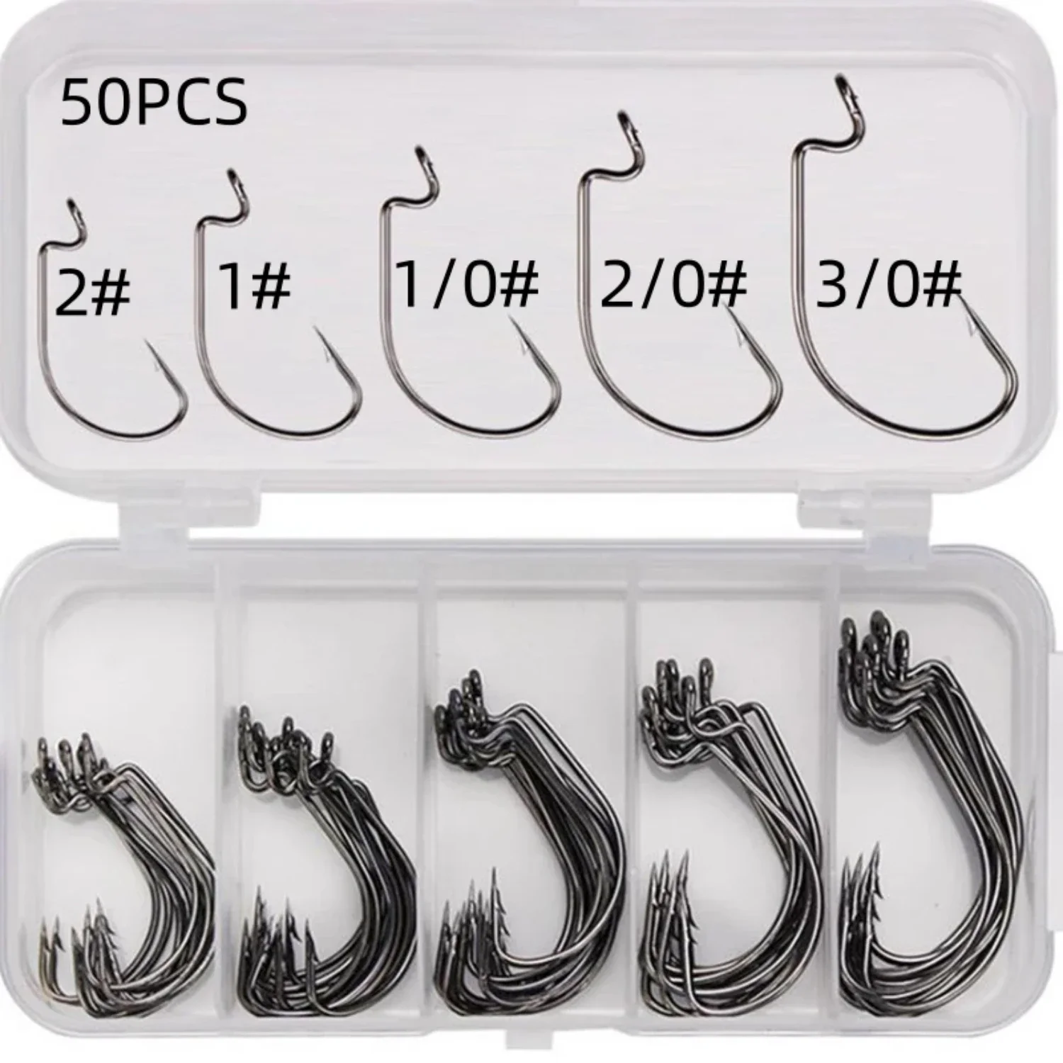 High-Quality Premium Complete Fishing Kit: 50Pcs Box Set with High Carbon Stainless Steel Barbed Crank Hook - Wide Gap Offset Fi