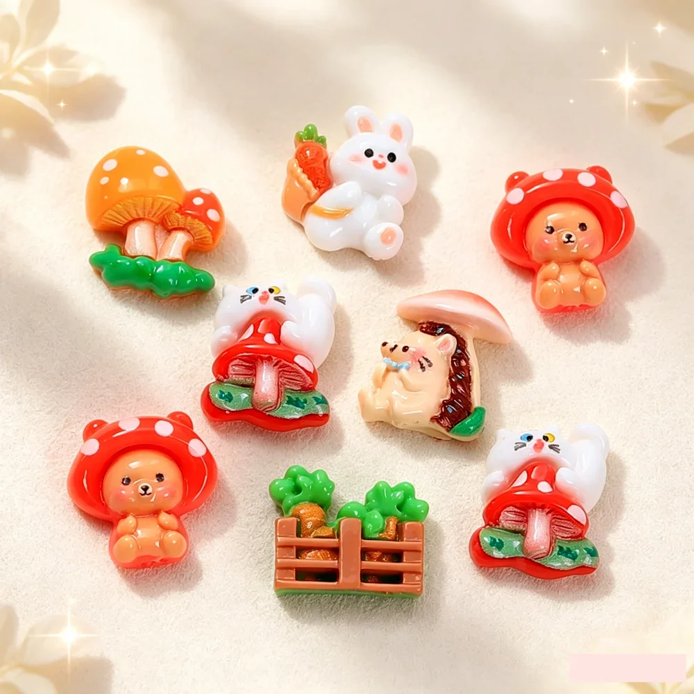 8PCS Mixed Resin Cartoon Mushroom Rabbit, Hedgehog Flat back Cabochon Stone Scrapbook DIY Decor Figurines Crafts Accessories
