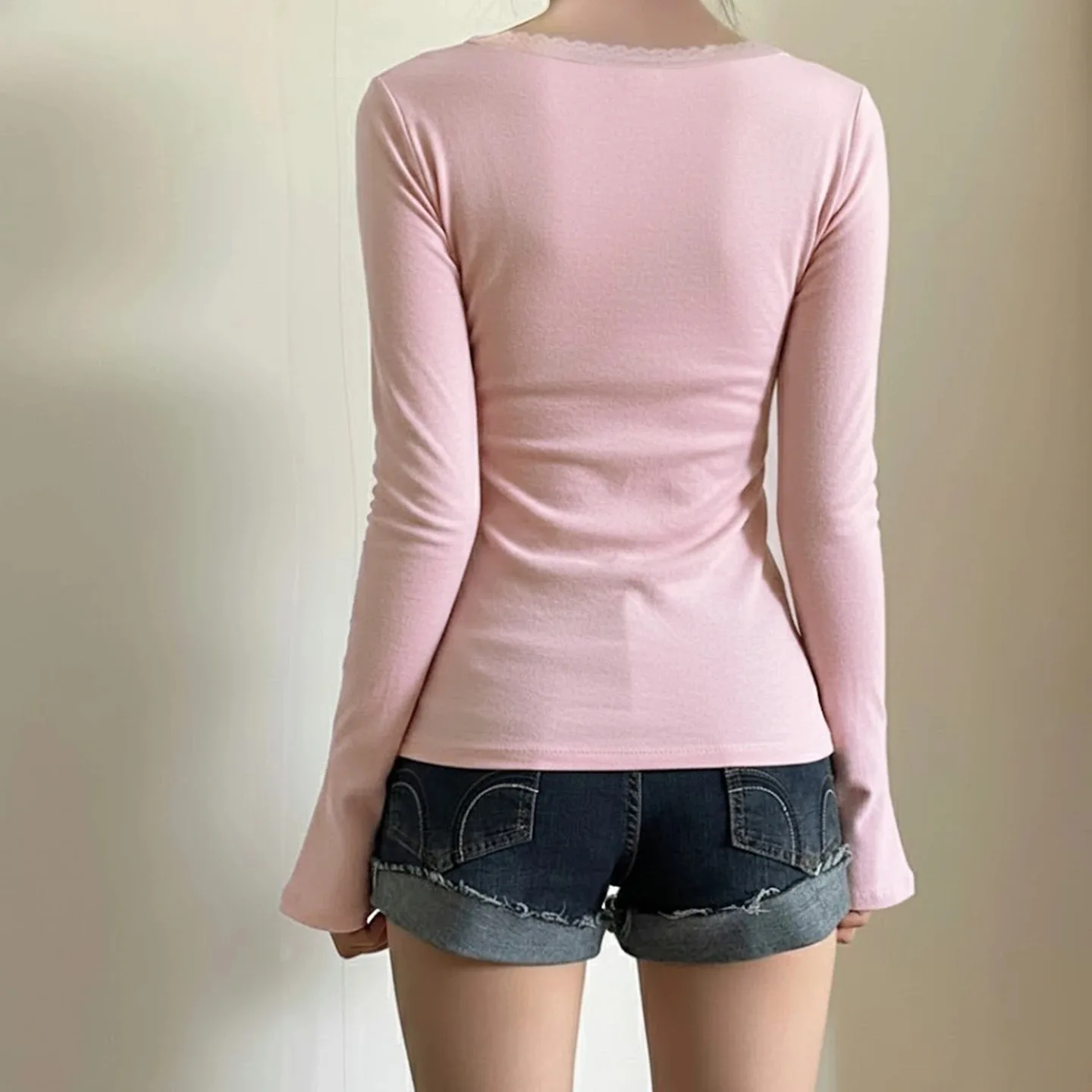 Camisa Feminina com Detalhes em Renda e Botões, Mangas Largadas, Top de Tricô Casual com Decote em V, Estilo Y2K, Roupas de Outono Fairycore