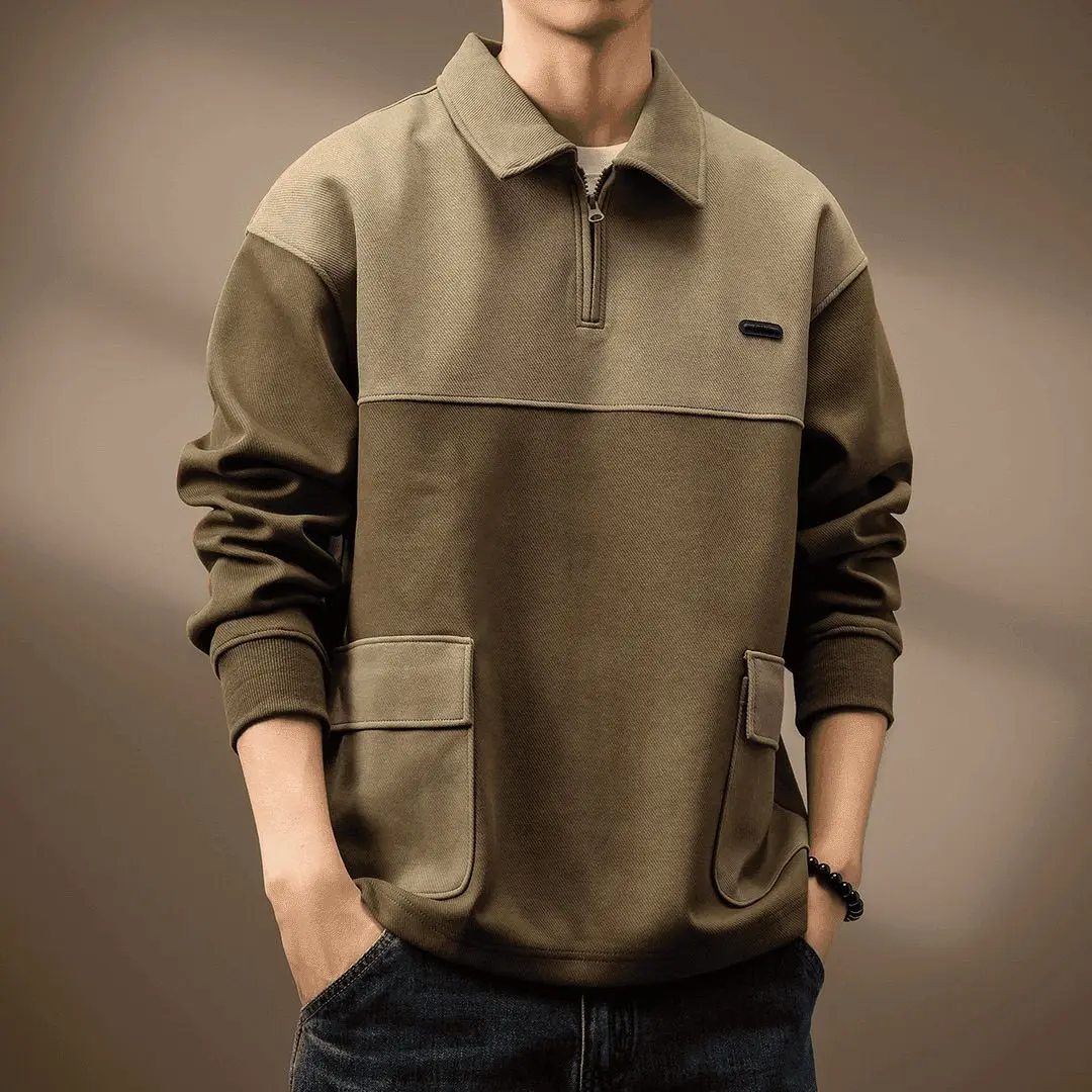 Sudaderas de calle a la moda con textura de piel para hombre, solapa de estilo americano, sudaderas informales holgadas de manga larga con gradiente y bolsillos de otoño