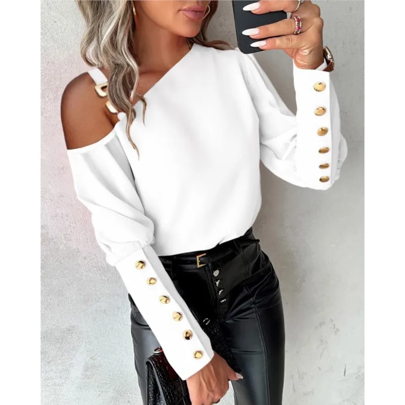 

Women's Elegant Off Shoulder Blouse Casual Long Seelve Metal Buckle Elegant Button Decor Shirts Famale Fashion Ladies Loose Tops