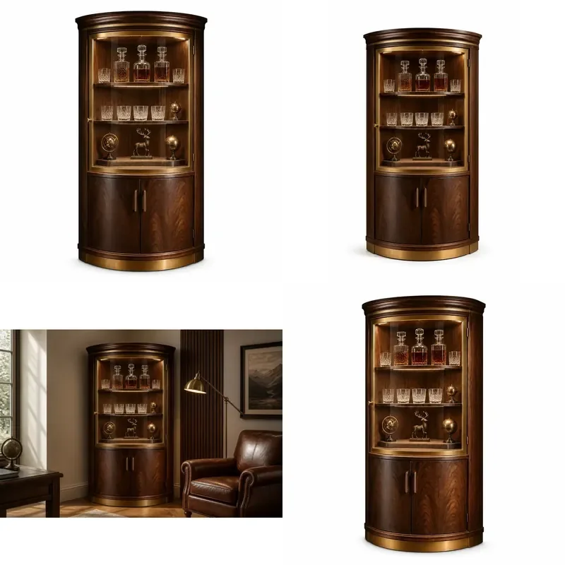 Walnut Corner Showcase Brass Frame Glass Door Display Cabinet with LED Lights for Living Room Collections