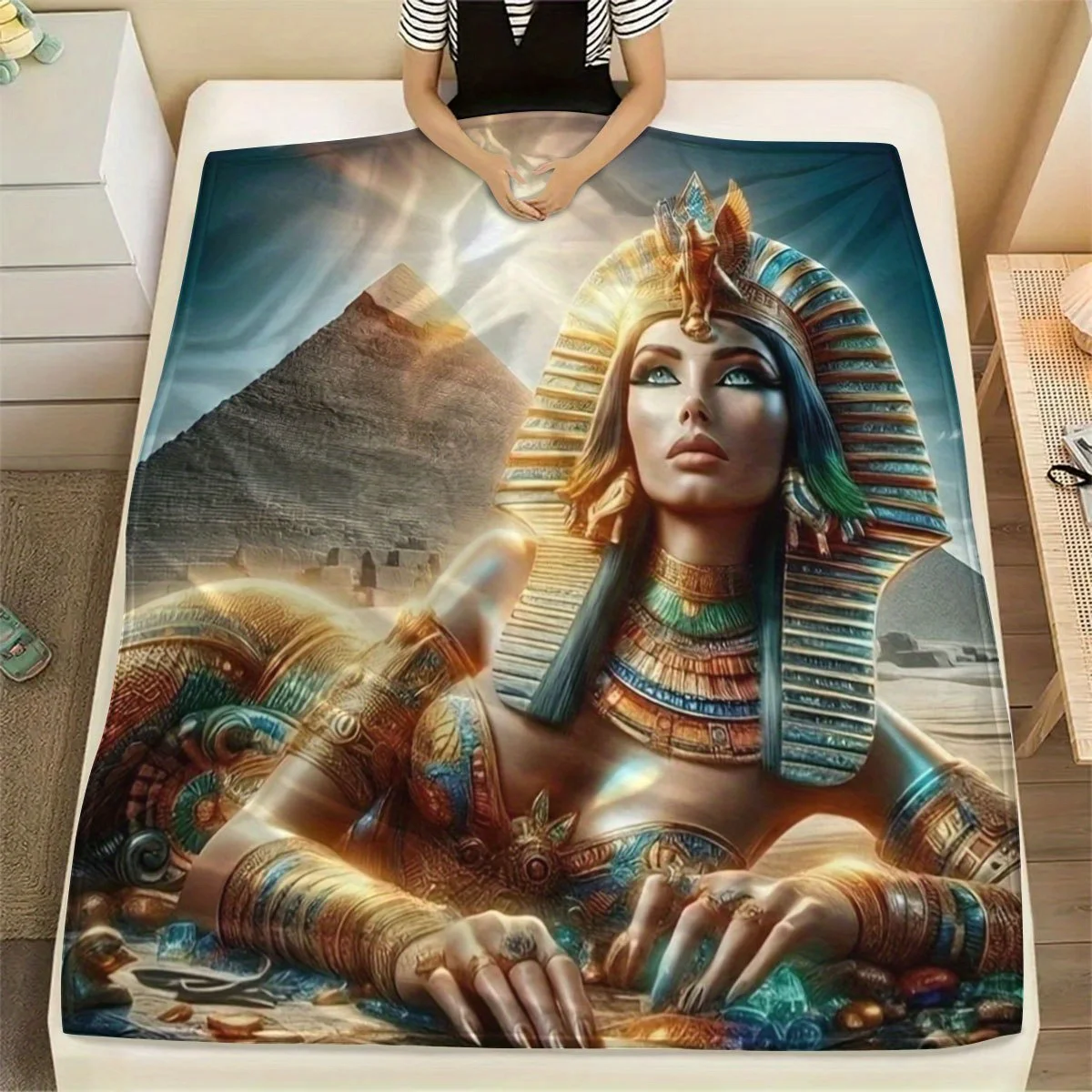 Vibrant Egyptian Queen Flannel Throw Blanket - Soft, Warm Polyester 200-250gsm, Geometric Print with Sunset Pyramid Design, Perf