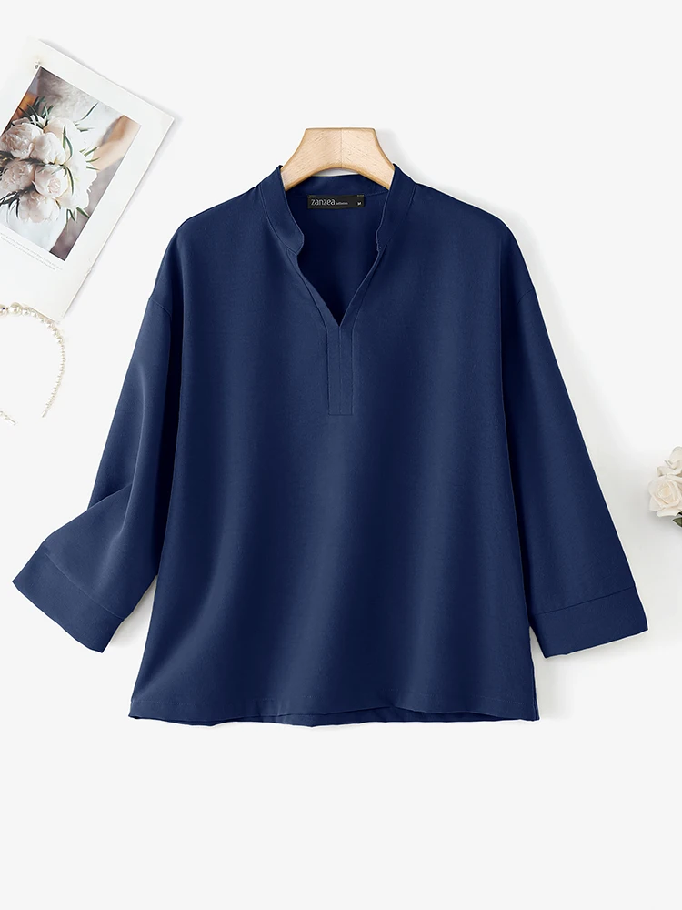 

Fashion Blouse ZANZEA Women Vintage Shirts Casual Solid Tunic Tops Loose Work 3/4 Sleeve V-Neck Elegant Office Lady Blusas 2025