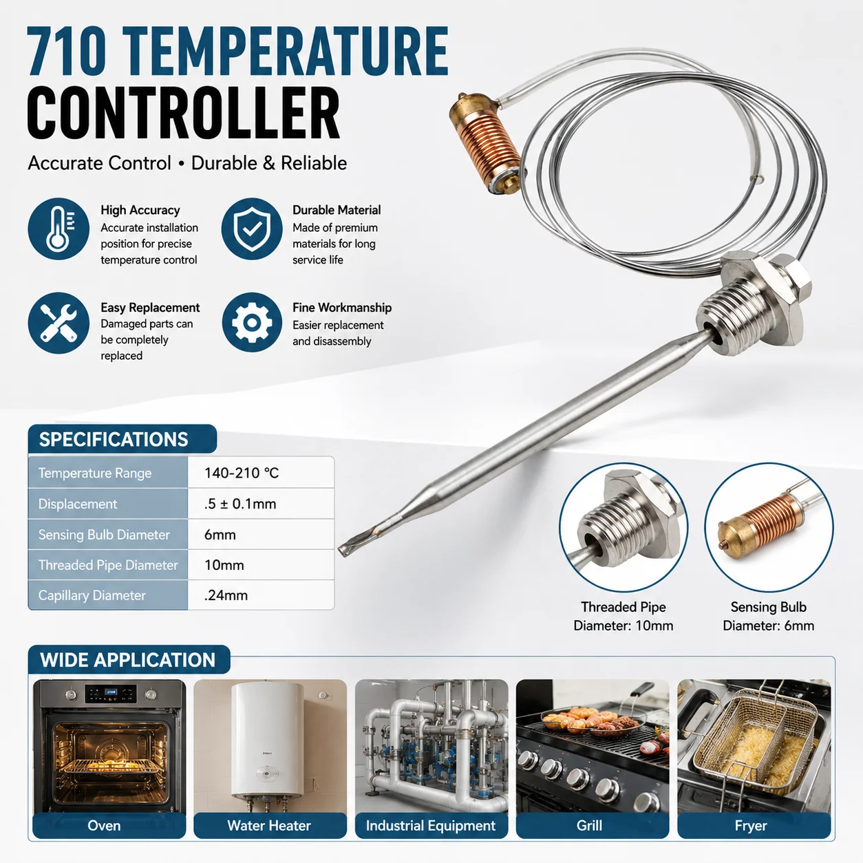 710 Temperature Controller 140-210 10mm Threaded 120-200C Range Gas Fryer Gas Valve Sensor Temperature Control 1 Pcs
