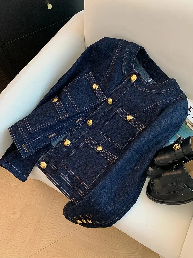 Syiwidii Blue Denim Jacket Women Autumn Classic Style Short Coat 2024 New Korean Fashion Pockets O-Neck Female Loose Jackets