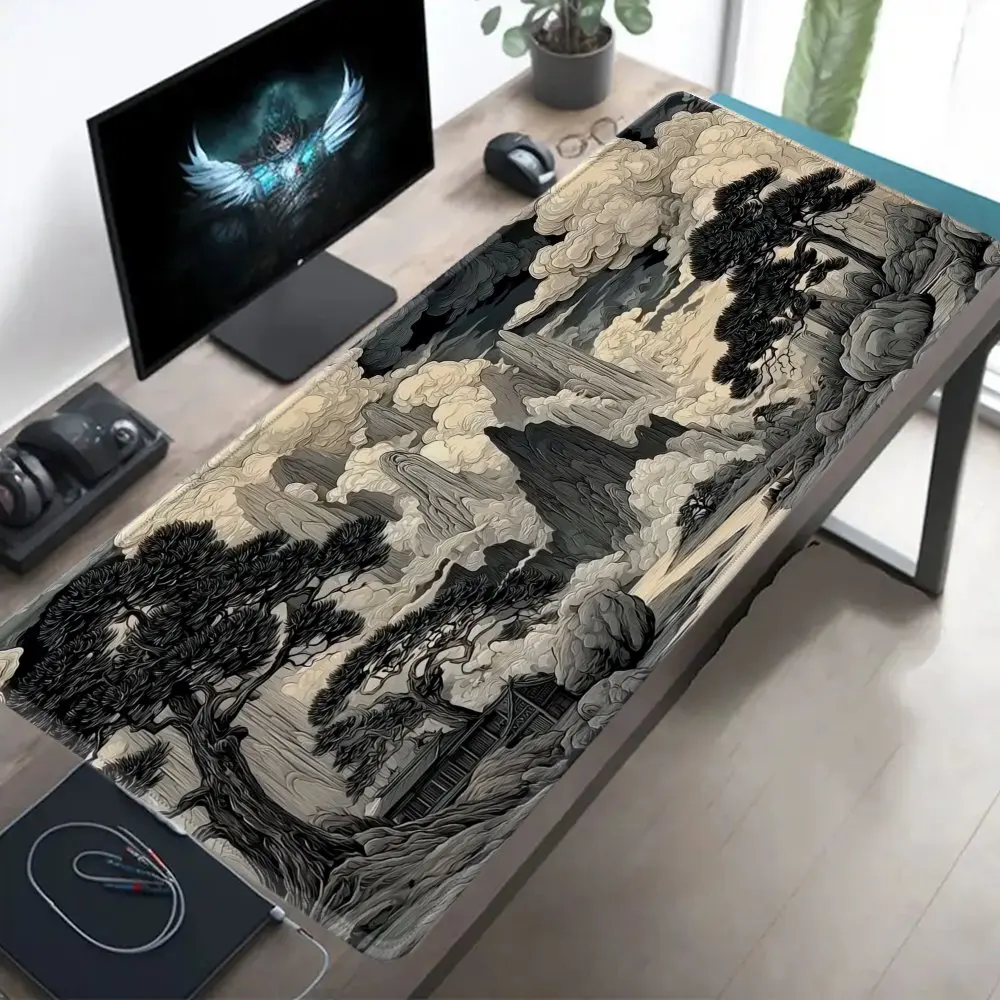 

East Asian Landscape Extended Gaming Mouse Pad with Clouds and Pine Trees Large Desk Mat for Office and Home Use