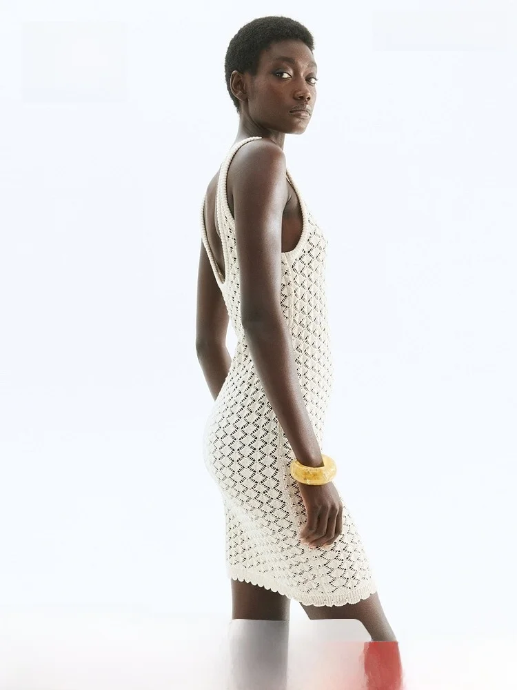 

Faionable Knitted Vest Dr H&M Women's Spring Ele Aosphere Imitation Hook Weaving One-Piece ort Skirt round Neline