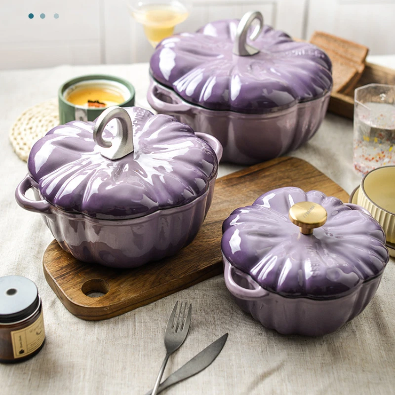 Cast Iron Pumpkin Enamel Saucepan, 3.3L Kitchen Cooker with White Interior, Multi-Color Options, Enamelware