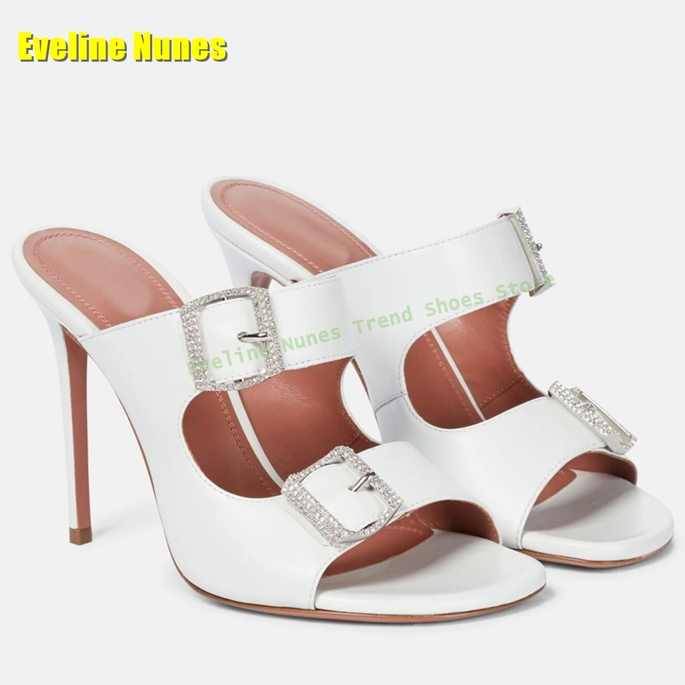 

White Rhinestone Buckle Strap Slippers Round Toe Stiletto Cut Out Slip On Slingback Solid Women Sandals 2025 Summer Dress Shoes