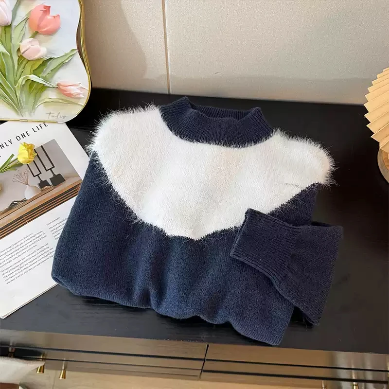 

Korean Style Contrast Color Women's Knitwear Autumn Winter Fashion Loose Long Sleeve Soft Sweater 2025 New Design Warm Tops