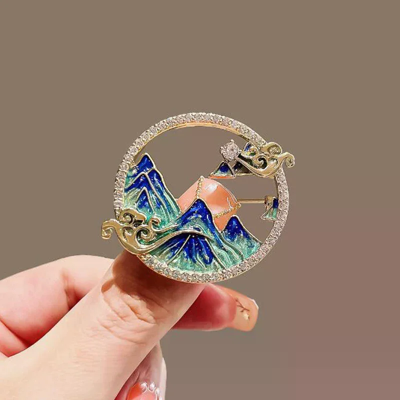 Rhinestone Enamel  Brooch Women Trend Elegant Mountain Brooch Pins Cardigan Suit Accessories Badge Party Wedding Gift