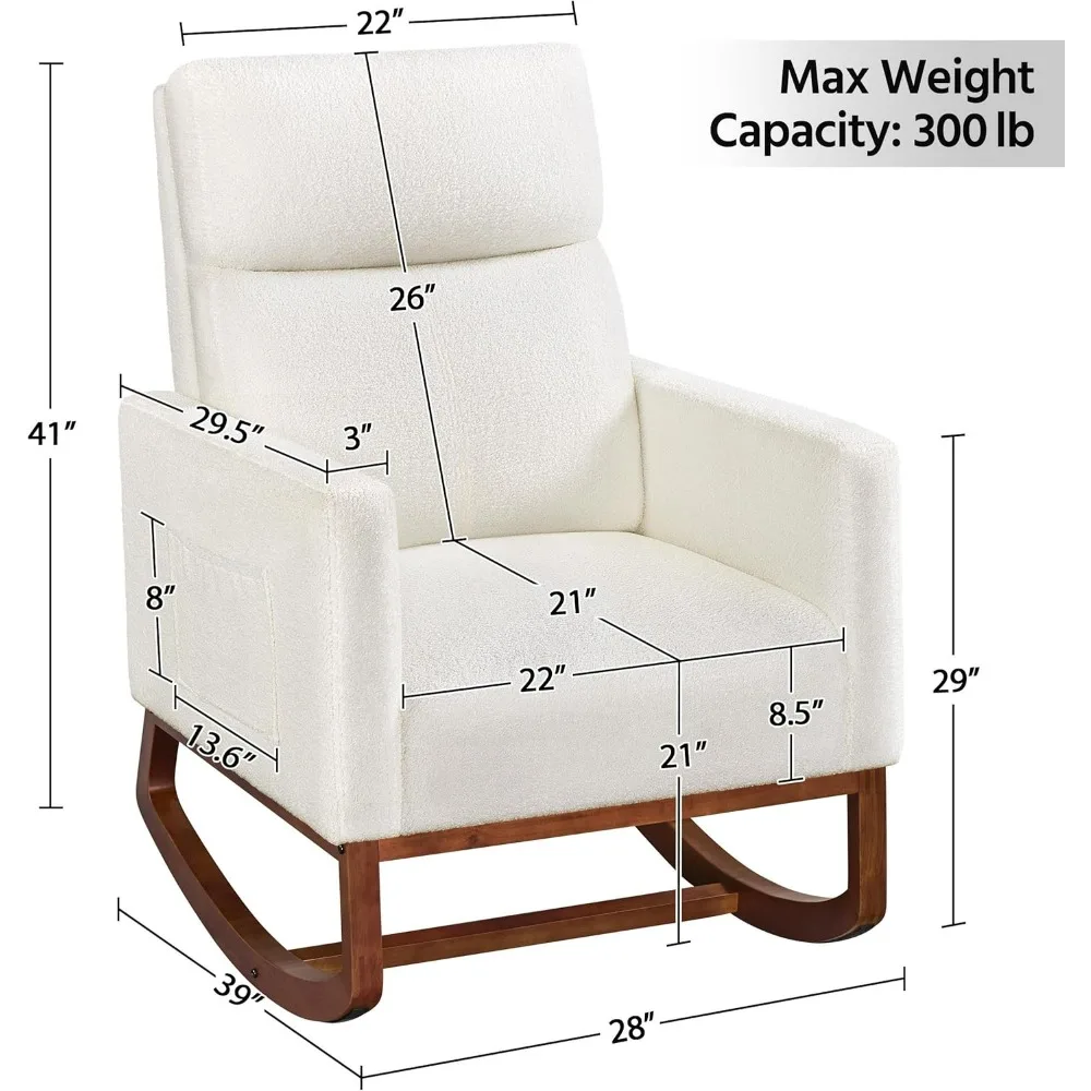 Upholstered Rocking Chair, Boucle Glider Chair Nursery Chair With High Back And Side Pocket, Rocking Accent Armchair W