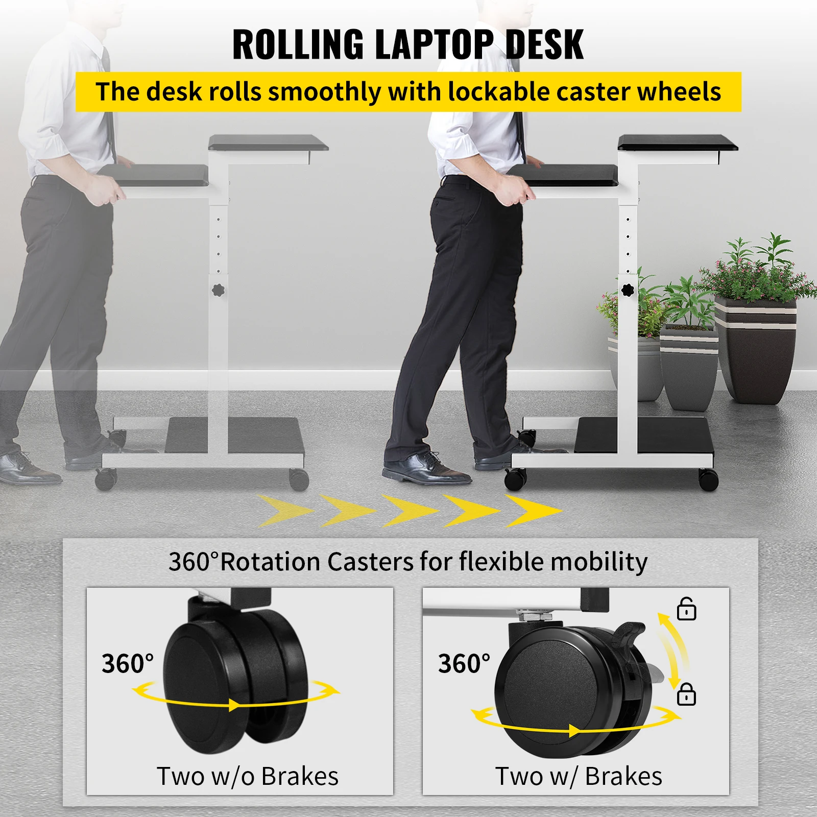 VEVOR Scrivania Mobile a 3 Ripiani Regolabili da 87-119 cm, Tavolo per Laptop con Ruote in Acciaio e MDF, Uso Come Podio in Classe, Tavolo per Computer, Supporto per Proiettore, Carrello di Servizio