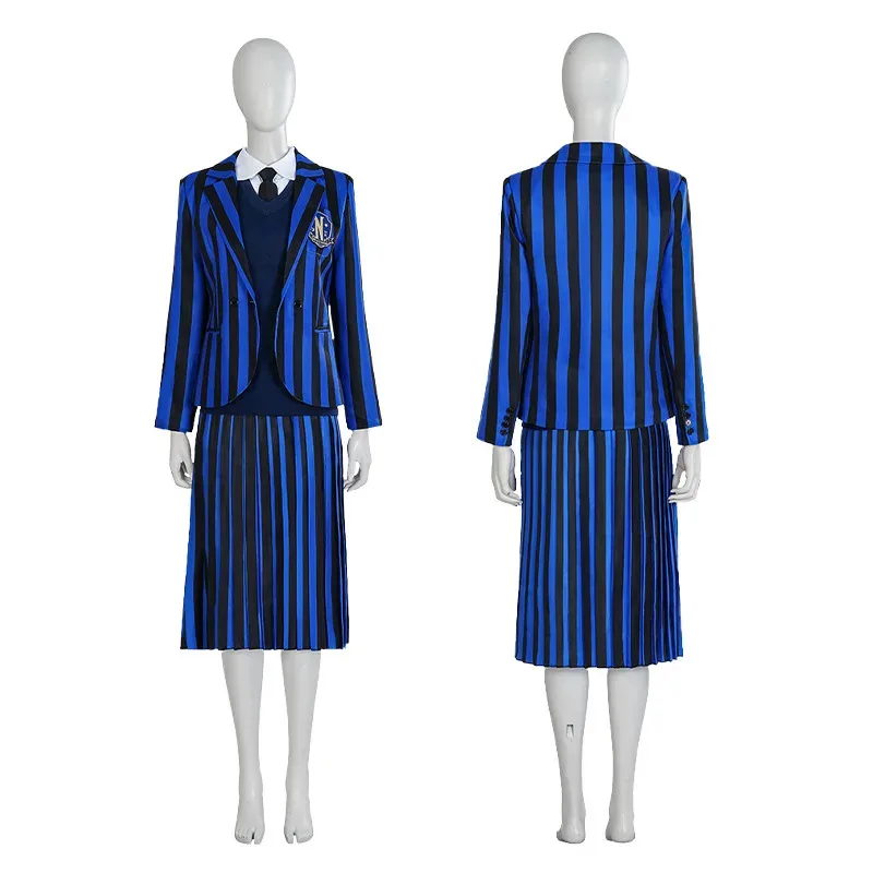 

qq 123Wednesday Аддамс Косплей Костюм Среда Униформа Nevermore Academy Фиолетовая и синяя школьная одежда Стоимость Хэллоуина