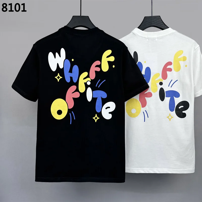 

OW colour letter print trendy brand short sleeve t-shirt men's crew neck top base shirt couple.
