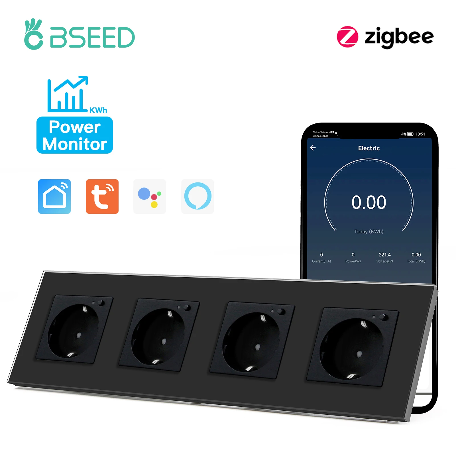 BSEED EU ZigBee Wand Steckdosen Vierbett Steckdosen 16A Power Monitor Steckdosen Glas Panel Unterstützung Tuya App Google Alexa Voice Control 7