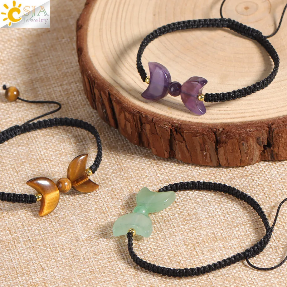 Natural Stone Braided Bracelet Crescent Moon Charm Healing Amethysts Pink Quartz Handmade Bracelets Jewelry Christmas Gift H537