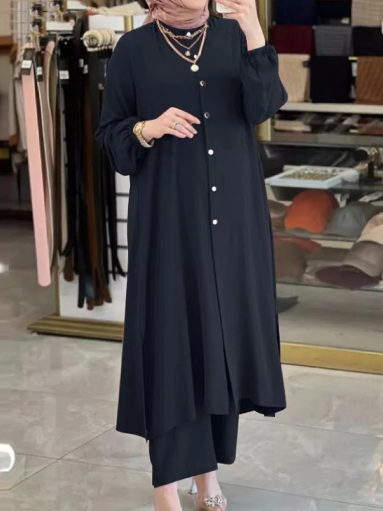 Muslim Women 2-pc Pants Set Abaya Blouse Suits Solid Color Turkish Long Shirt Loose Trousers Casual Outfits Thin Female Clothing