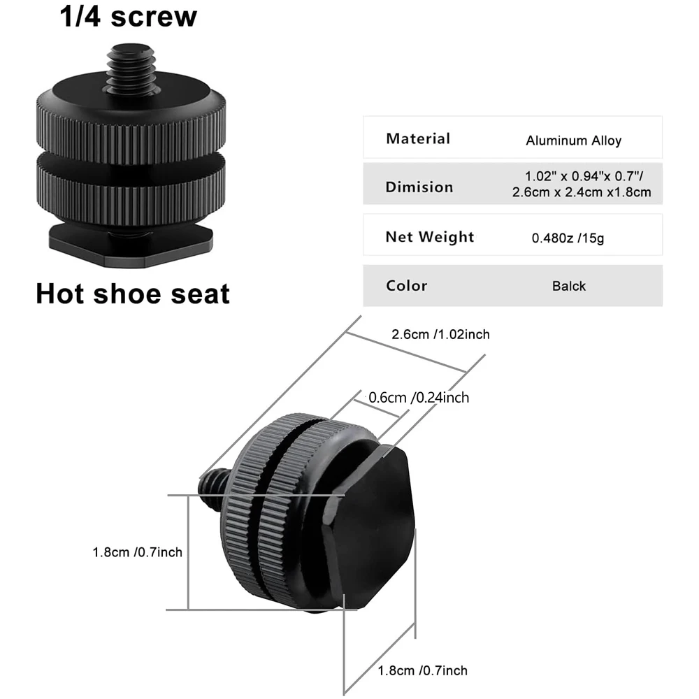 1/4 Hot Shoe Mount Adapter Aluminum Alloy Camera Shoe to 1/4 Screw Double Nuts for DSLR Monitor LED Light Mic Flash Tripod Stand