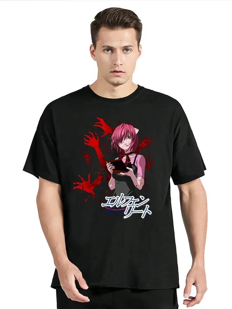 Men's T-Shirt Elfen Lied Mirai Nikki Cotton Fabric Tee Short Sleeve Gasai Yuno Anime Manga Future Dairy Comic Yandere T Shirt