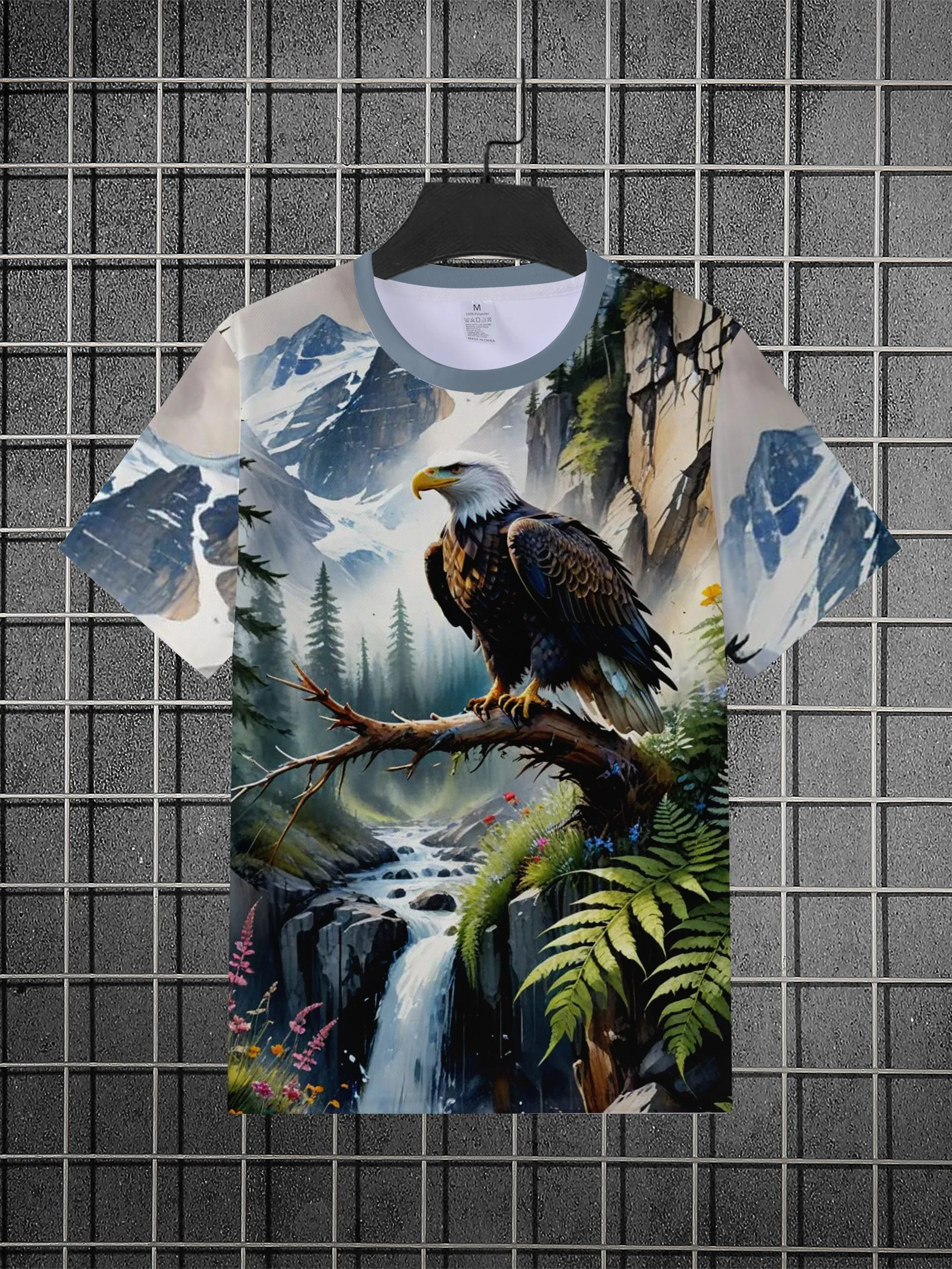 Men Short Sleeve T‑Shirt Bald Eagle Mountain Waterfall Forest Nature Scenery Crew Neck Tops