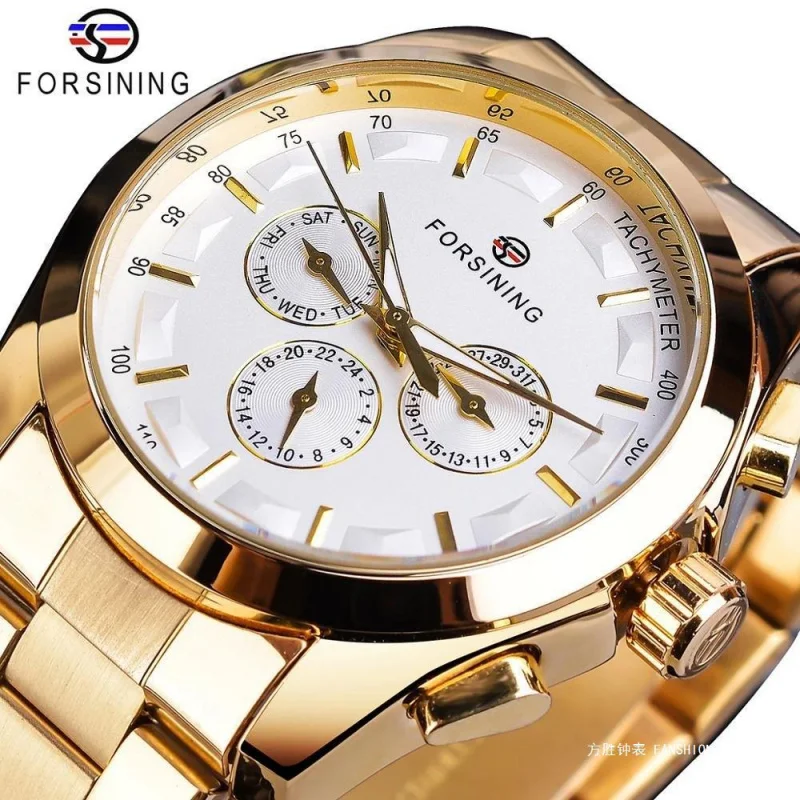 

Official brand free shippingBusiness Style Automatic 's Mechanical Three Eyes and Six Needles Men's Watch Gold Steel Wa