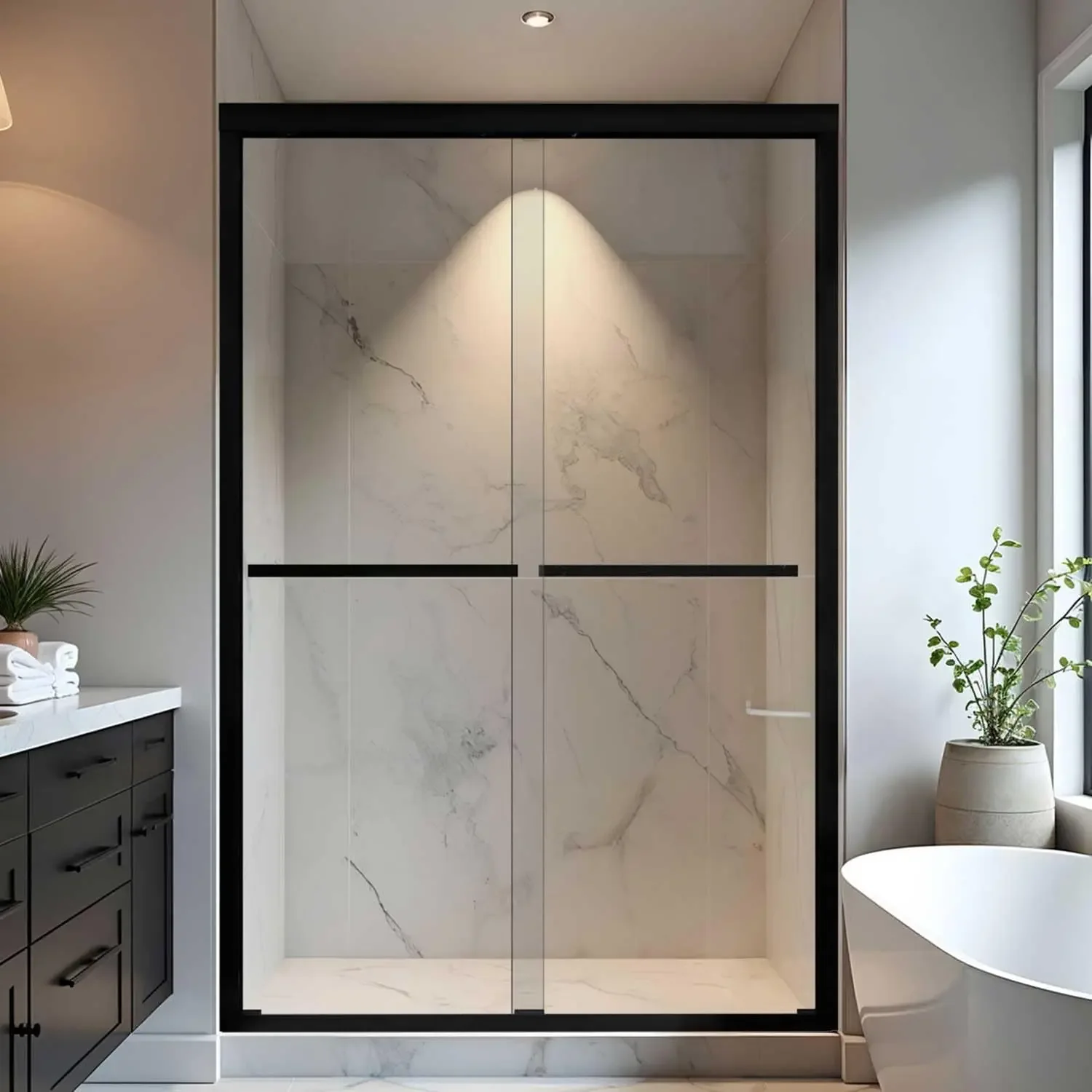 

Shower Door 44-48" W x 72" H, Semi-Frameless Sliding Glass Shower Door, 1/4" (6mm) SGCC Tempered Glass Bathroom Sliding Door, Ma