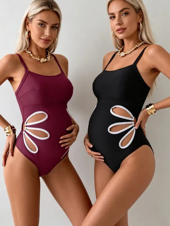 One Piece Solid Maternity Swimsuit 2026 Pregnant Women Side Floral Hollow Out Swimwear Sexy Bodysuit Bathing Swimming Beachwears