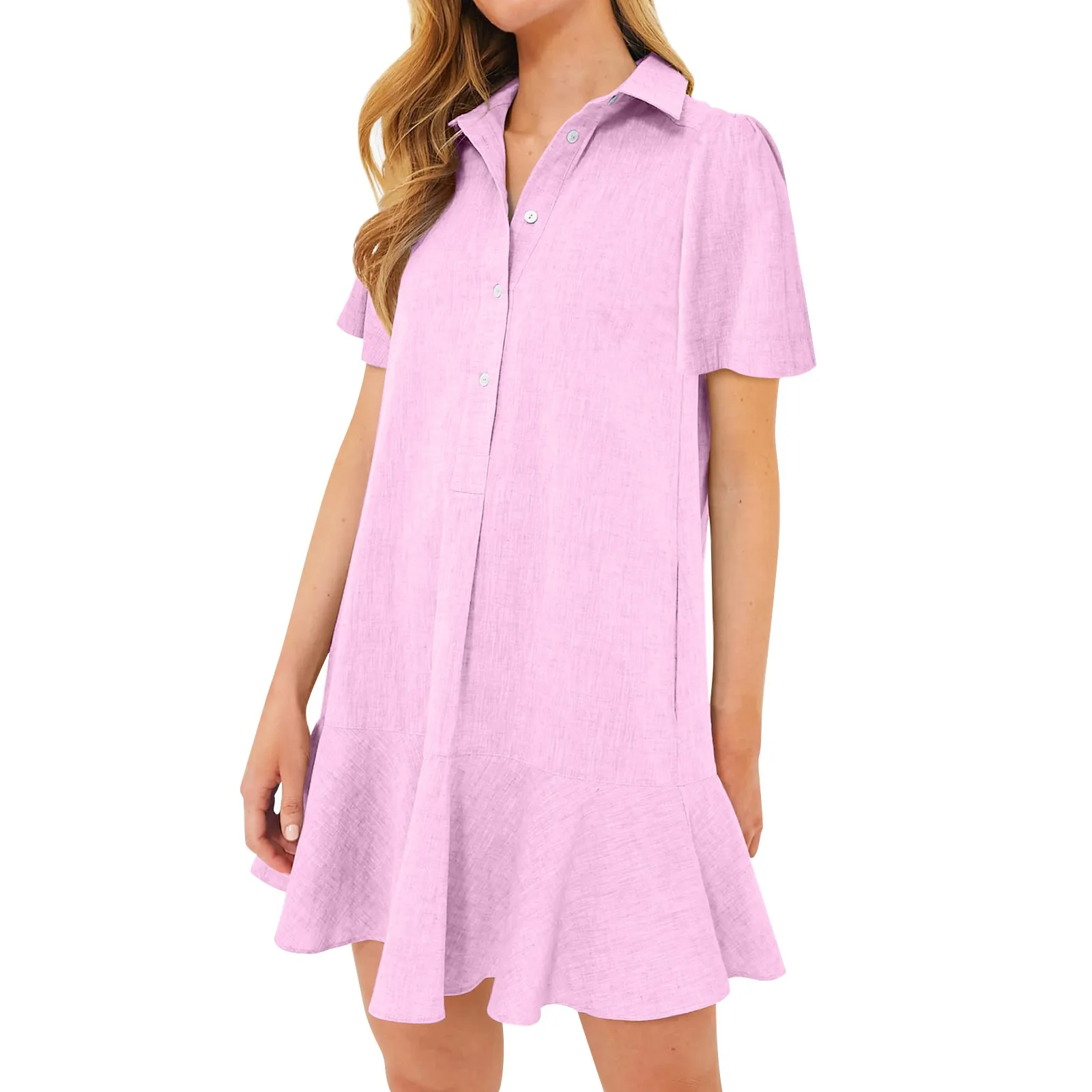 Damen hemd Kleider Modetrend bequeme leichte lose Kurzarm kleider lässig halb offen Knopf Saum Rüschen Mini kleid