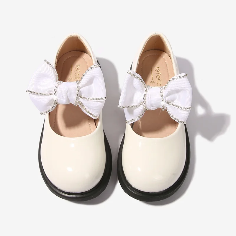 Girls Students Little Leather Shoes 2023 Spring New Children Fashion Loafers Britain PU Black Bow Kids Shoes Hook & Loop Glossy