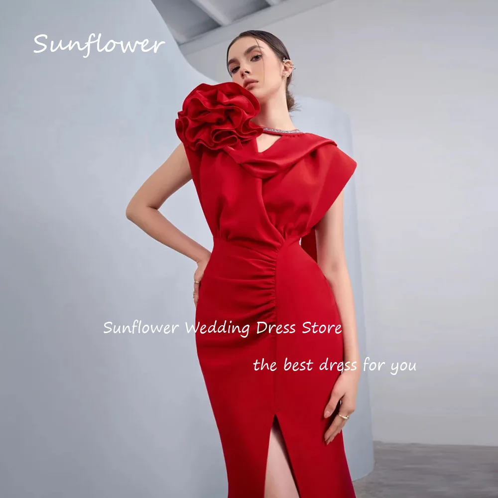 Sunflower Red O-Neck 3D Flowers Crepe Mermaid 2024 Slim Short Sleeves Ocassion Gown Ankle-Length Formal Evening Dress